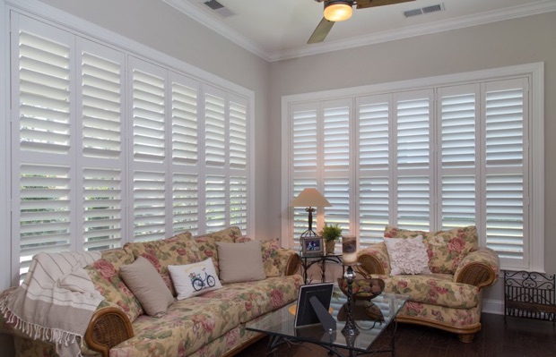 Plantation shutters in a sitting room